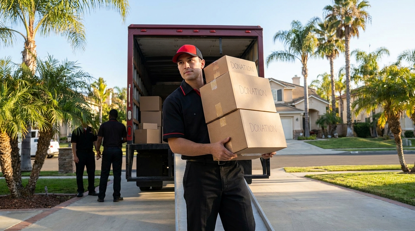 Crew carrying donation boxes during a home cleanout