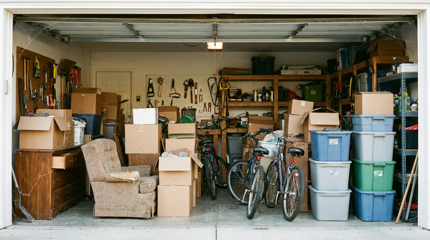Garage packed with boxes, furniture and bikes before cleanout