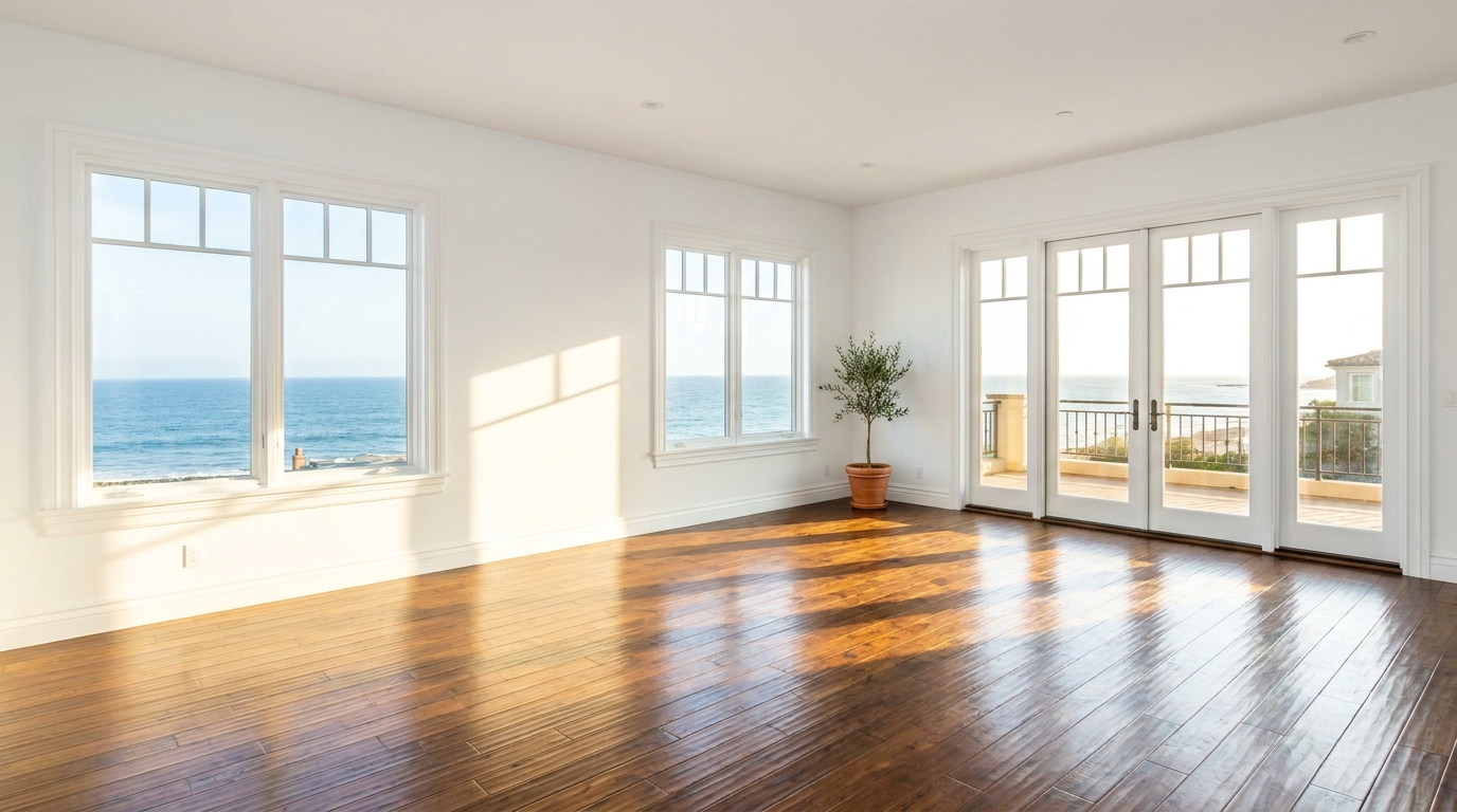 Bright, broom-clean coastal living room after an Elite Estate Clean-Out — gleaming wood floors and ocean view