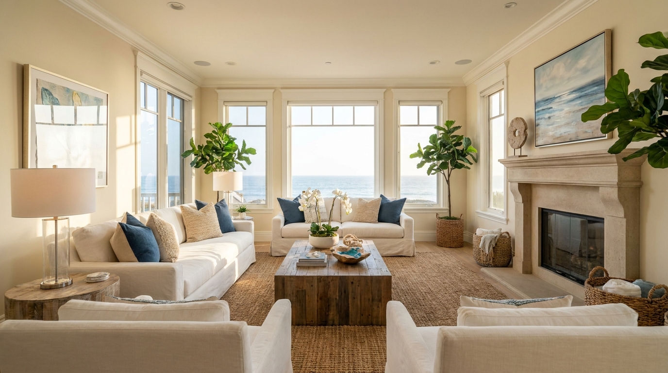 Photo-ready staged coastal living room after a pre-listing cleanout